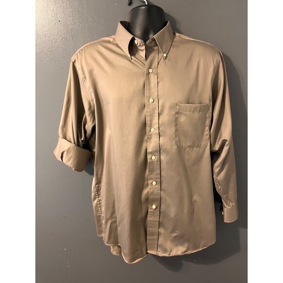 Izod Mens Large Beige brown Cotton Twill Button-Down Shirt With Pocket - Picture 1 of 4
